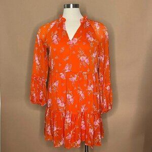 Vince Camuto Orange Floral Tiered Dress Long Sleeve Ruffle Neck Size Small